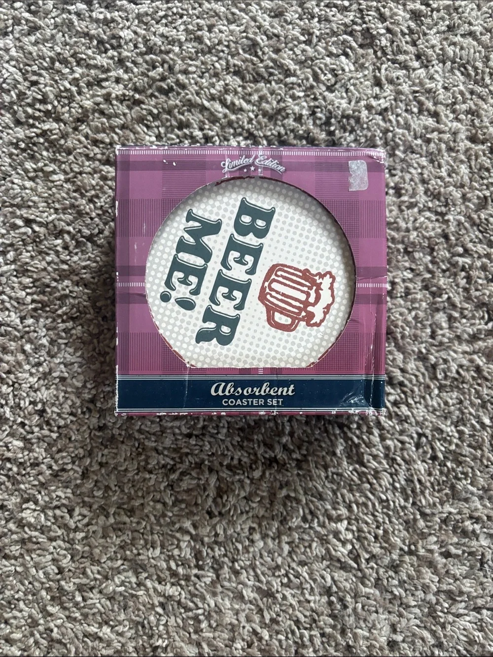Beer Themed Absorbent Stone Coaster Set - Red & Blue Accents - Set of 4